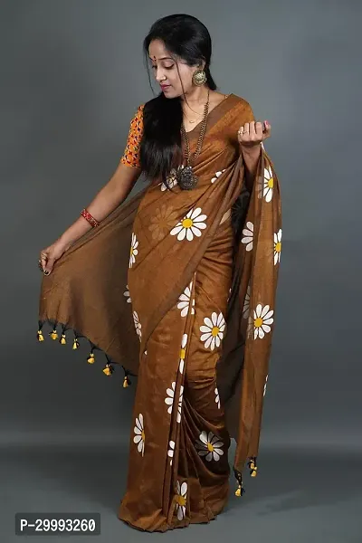 Elegant Brown Cotton Printed Saree With Blouse Piece For Women-thumb0