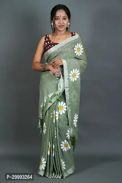 Elegant Green Cotton Printed Saree With Blouse Piece For Women-thumb0