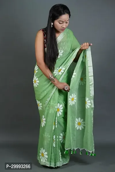 Elegant Green Cotton Printed Saree With Blouse Piece For Women-thumb0