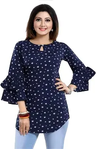 ZELZIS Women Crepe Star Printed Blue Tunic Tops, Keyhole Neck  Bell Sleeve-thumb2