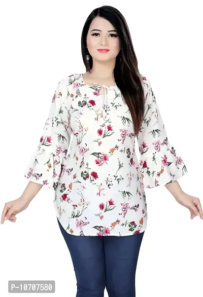ZELZIS Woman's Crepe Printed Tunic Tops (Small, White Flower)