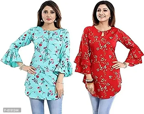 Topten Flower Combo Tunic Top Firozi Red  Small-thumb0