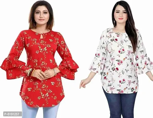 Hemang Fashion TopTen Flower Combo Tunic Top (White Flower-RED, Small)