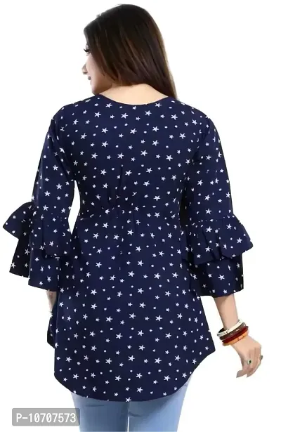 ZELZIS Women Crepe Star Printed Blue Tunic Tops, Keyhole Neck  Bell Sleeve-thumb2