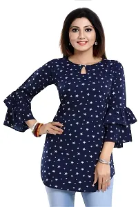 ZELZIS Women Crepe Star Printed Blue Tunic Tops, Keyhole Neck  Bell Sleeve-thumb3