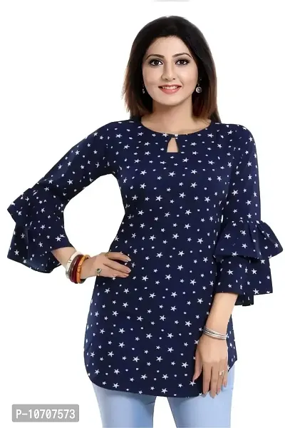 ZELZIS Women Crepe Star Printed Blue Tunic Tops, Keyhole Neck  Bell Sleeve-thumb4