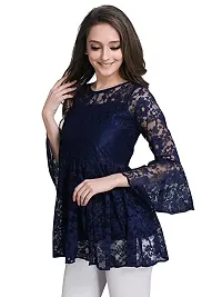 ZELZIS Women Russle Net With Crepe Inner Blue Tunic Tops, Round Neck  Bell Sleeve-thumb2