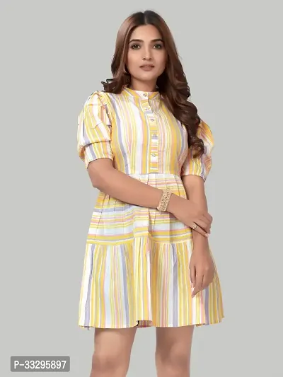 Stylish Yellow Cotton Blend Striped Fit And Flare Dress For Women-thumb0