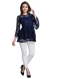 ZELZIS Women Russle Net With Crepe Inner Blue Tunic Tops, Round Neck  Bell Sleeve-thumb3