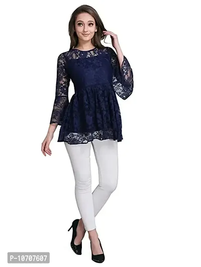 ZELZIS Women Russle Net With Crepe Inner Blue Tunic Tops, Round Neck  Bell Sleeve-thumb4