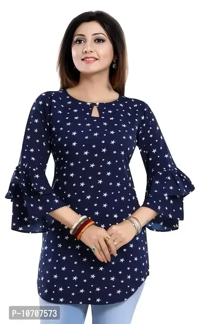 ZELZIS Women Crepe Star Printed Blue Tunic Tops, Keyhole Neck  Bell Sleeve-thumb0