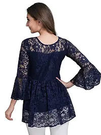 ZELZIS Women Russle Net With Crepe Inner Blue Tunic Tops, Round Neck  Bell Sleeve-thumb1