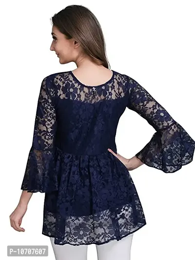 ZELZIS Women Russle Net With Crepe Inner Blue Tunic Tops, Round Neck  Bell Sleeve-thumb2