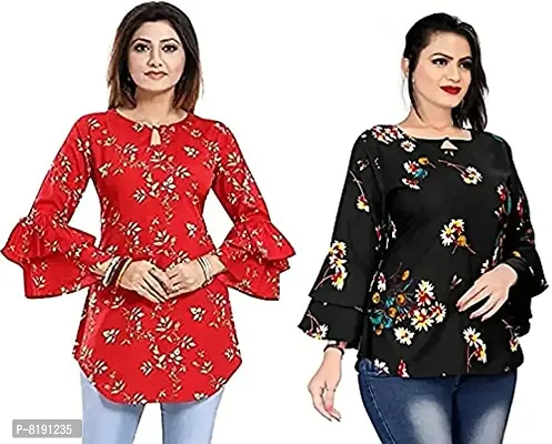 Hemang Fashion TopTen Flower Combo Tunic Top (RED-Black, Small)