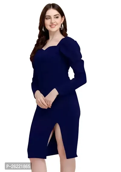 ZELZIS Women Polyester Sweet-Heart Neck Solid Blue Bodycon Dress, Puff Sleeve With Stylish Cut Dress