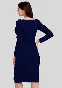 ZELZIS Women Polyester Sweet-Heart Neck Solid Blue Bodycon Dress, Puff Sleeve With Stylish Cut Dress-thumb2