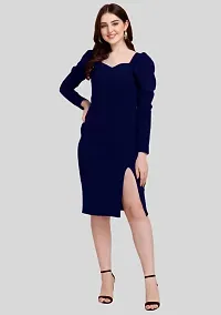 ZELZIS Women Polyester Sweet-Heart Neck Solid Blue Bodycon Dress, Puff Sleeve With Stylish Cut Dress-thumb3