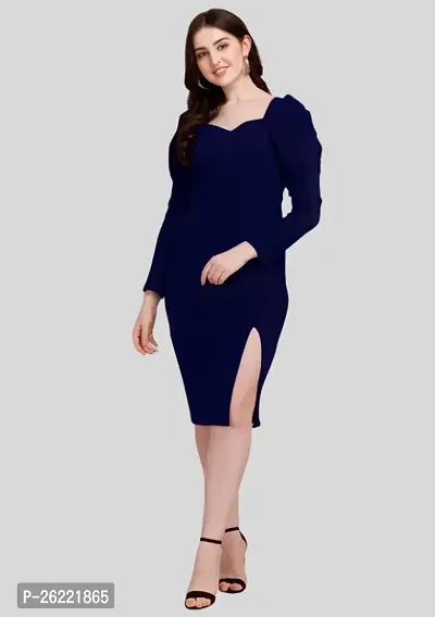 ZELZIS Women Polyester Sweet-Heart Neck Solid Blue Bodycon Dress, Puff Sleeve With Stylish Cut Dress-thumb2