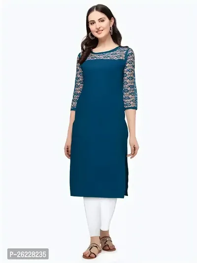 ZELZIS Women Crepe A-line Straight Teal Kurtis-thumb4