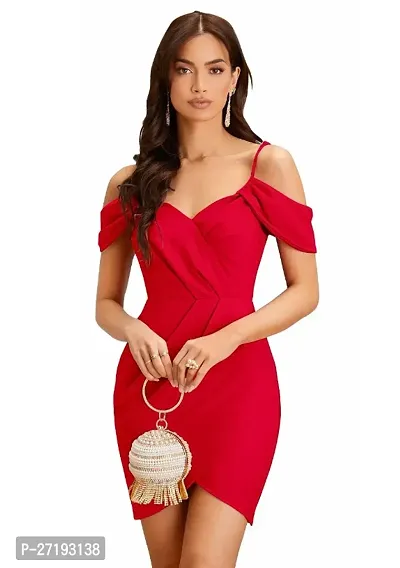 ZELZIS Women Polyester Shoulder Strap Red Bodycon Dress-thumb0