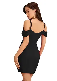 ZELZIS Women Polyester Shoulder Strap Black Boducon Dress, Ruffle Neck  Strap Sleeve With Knee Length-thumb1