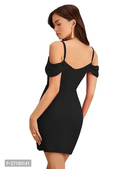 ZELZIS Women Polyester Shoulder Strap Black Boducon Dress, Ruffle Neck  Strap Sleeve With Knee Length-thumb2