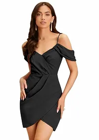 ZELZIS Women Polyester Shoulder Strap Black Boducon Dress, Ruffle Neck  Strap Sleeve With Knee Length-thumb4