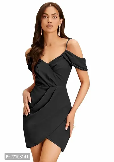 ZELZIS Women Polyester Shoulder Strap Black Boducon Dress, Ruffle Neck  Strap Sleeve With Knee Length-thumb5