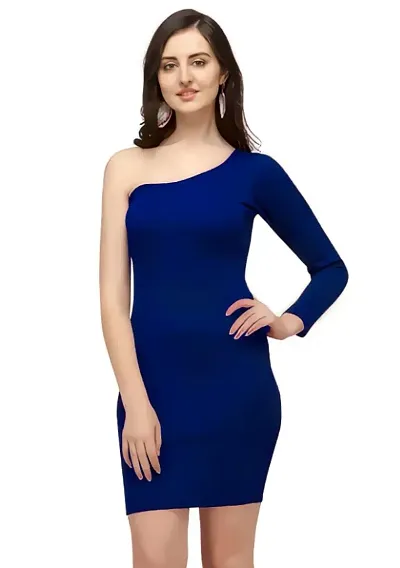 ZELZIS Women One Shoulder Blue Bodycon Dress