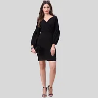 ZELZIS Women Polyester Solid V Neck Black Bodycon Dress, Bishoop Sleeve With Comfortable Belt, Casual  Party Wear-thumb1