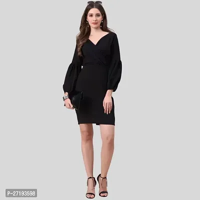 ZELZIS Women Polyester Solid V Neck Black Bodycon Dress, Bishoop Sleeve With Comfortable Belt, Casual  Party Wear-thumb2