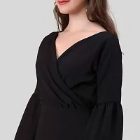 ZELZIS Women Polyester Solid V Neck Black Bodycon Dress, Bishoop Sleeve With Comfortable Belt, Casual  Party Wear-thumb2