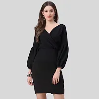 ZELZIS Women Polyester Solid V Neck Black Bodycon Dress, Bishoop Sleeve With Comfortable Belt, Casual  Party Wear-thumb3