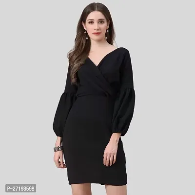 ZELZIS Women Polyester Solid V Neck Black Bodycon Dress, Bishoop Sleeve With Comfortable Belt, Casual  Party Wear-thumb4