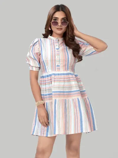 ZELZIS Women Pure Cotton Stripe Fit  Flare Peach Dress