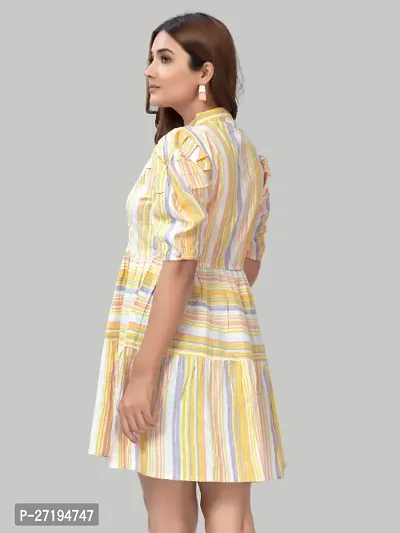 ZELZIS Women Pure Cotton Stripe Fit  Flare Yellow Dress-thumb3