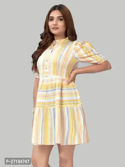 ZELZIS Women Pure Cotton Stripe Fit  Flare Yellow Dress-thumb4