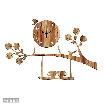 Freny Exim Wooden MDF Tree Birds Coffee Cup On Julha Design Wall Clock Without Glass (Beige, 43cm x 68cm)-058-thumb3