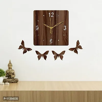 Freny Exim 12"" Inch Wooden MDF English Numeral 4 Butterfly Square Wall Clock Without Glass (Brown, 30cm x 30cm) - 7-thumb3