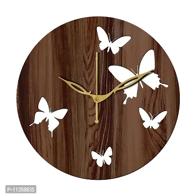 FRAVY 12"" Inch Prelam MDF Wood Butterfly Round Without Glass Wall Clock (Brown, 30cm x 30cm) - 9-thumb2