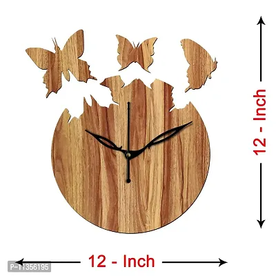 FRAVY 12"" Inch Prelam MDF Wood Flying Butterfly Round Without Glass Wall Clock (Beige, 30cm x 30cm) - 31-thumb4