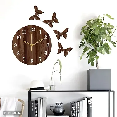 Freny Exim 12"" Inch Wooden MDF English Numeral 4 Butterfly Round Wall Clock Without Glass (Brown, 30cm x 30cm) - 1-thumb3