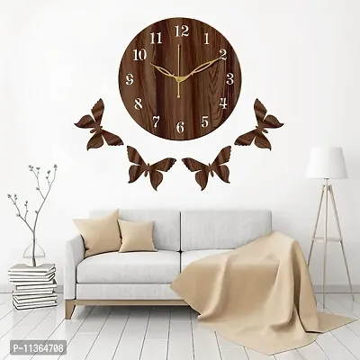 FRAVY 12"" Inch Prelam MDF Wood English Numeral 4 Butterfly Round Without Glass Wall Clock (Brown, 30cm x 30cm) - 1