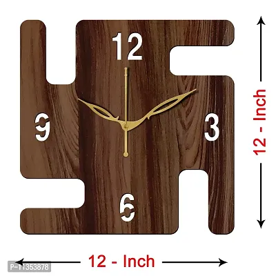 FRAVY 12"" Inch Prelam MDF Wood English Numeral Swastik Square Without Glass Wall Clock (Brown, 30cm x 30cm) - 52-thumb4