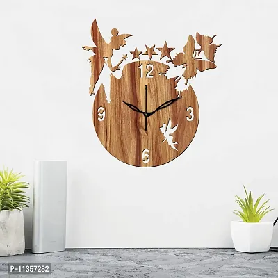 FRAVY 12"" Inch Prelam MDF Wood English Numeral Angel with Stars Round Without Glass Wall Clock (Beige, 30cm x 30cm) - 8-thumb3