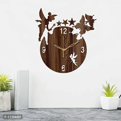 FRAVY 12"" Inch Prelam MDF Wood English Numeral Angel with Stars Round Without Glass Wall Clock (Brown, 30cm x 30cm) - 8-thumb3