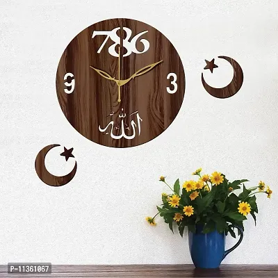 FRAVY 12"" Inch Prelam MDF Wood Allah with 786 Round Without Glass Wall Clock (Brown, 30cm x 30cm) - 44