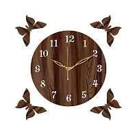 FRAVY 12"" Inch Prelam MDF Wood English Numeral 4 Butterfly Round Without Glass Wall Clock (Brown, 30cm x 30cm) - 1-thumb1