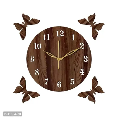 FRAVY 12"" Inch Prelam MDF Wood English Numeral 4 Butterfly Round Without Glass Wall Clock (Brown, 30cm x 30cm) - 1-thumb2