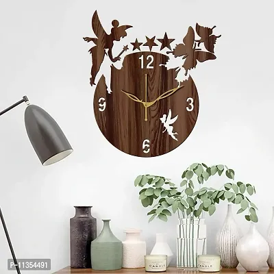 FRAVY 12"" Inch Prelam MDF Wood English Numeral Angel with Stars Round Without Glass Wall Clock (Brown, 30cm x 30cm) - 8